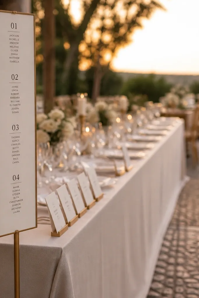 Long-table seating chart with side labels indicating table numbers and names