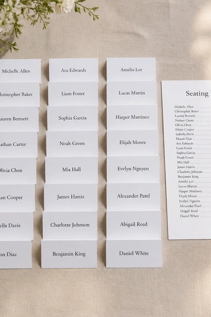 Escort card table with name cards and a small key showing table numbers