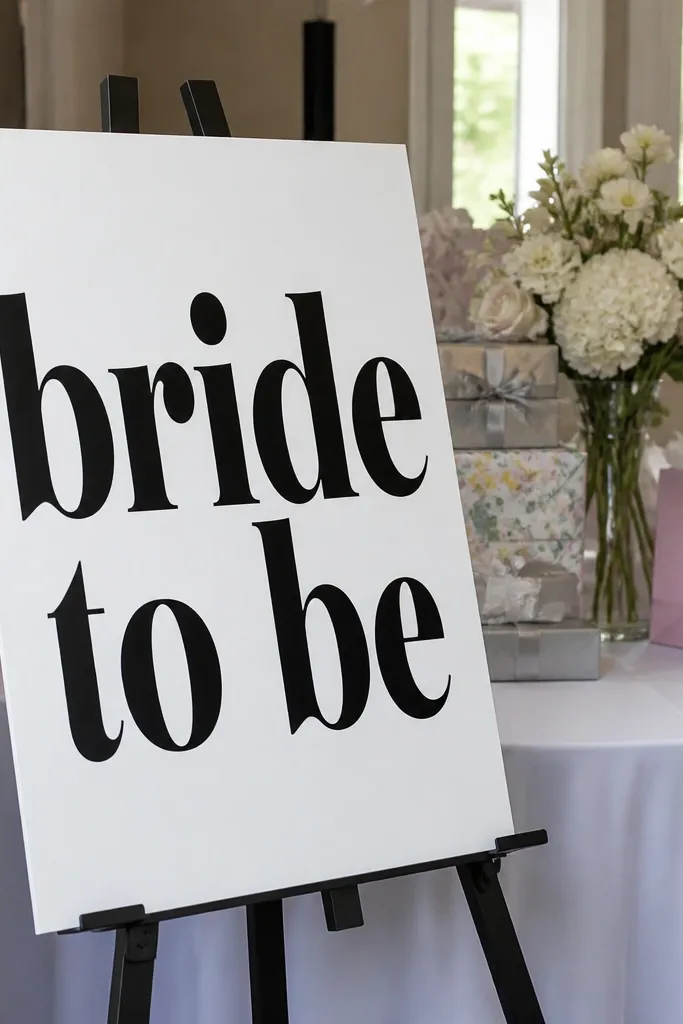 Large black bride-to-be sign on a cream board with blush ribbon ties