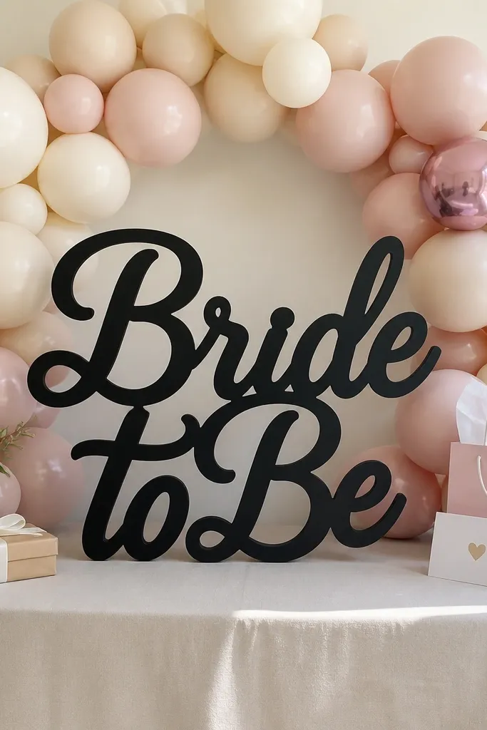 Cream and blush balloon cluster framing a bride-to-be sign