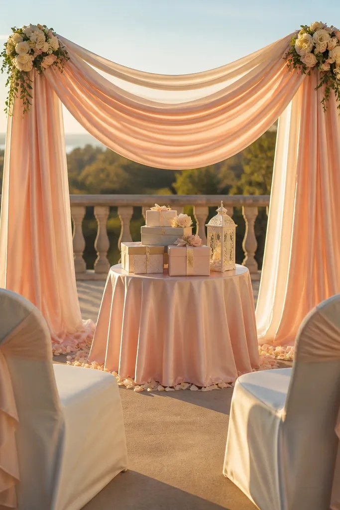 Blush fabric swag draped between two chairs with soft white ribbon bows