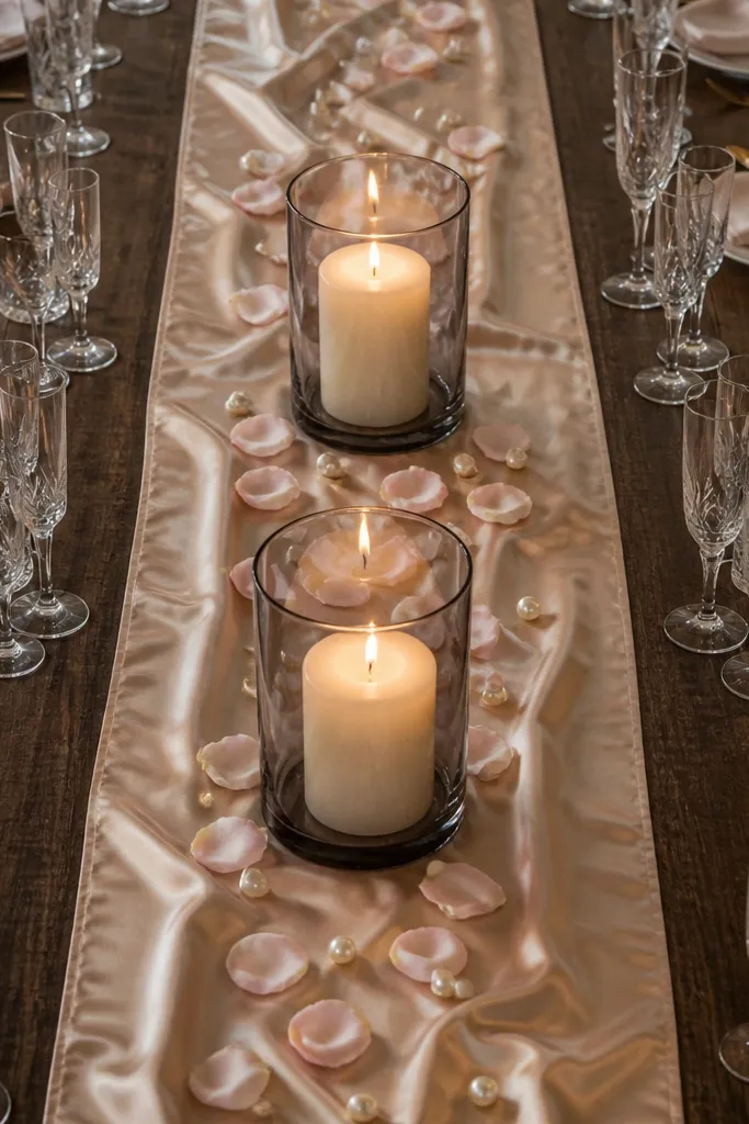 Blush table runner with two tall gold votive candles and small white petals