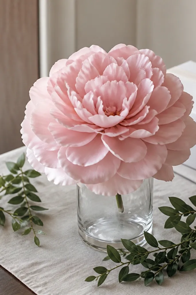 Large blush paper peony flower on a stem with greenery on a side table
