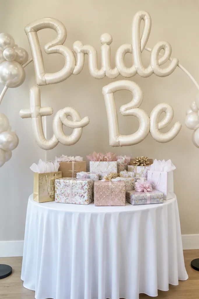 Bride to be balloon letters on a white weighted base with blush accents