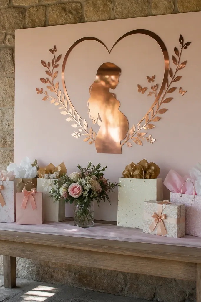 Rose gold bride-to-be banner hanging above a gift table with cream ribbon