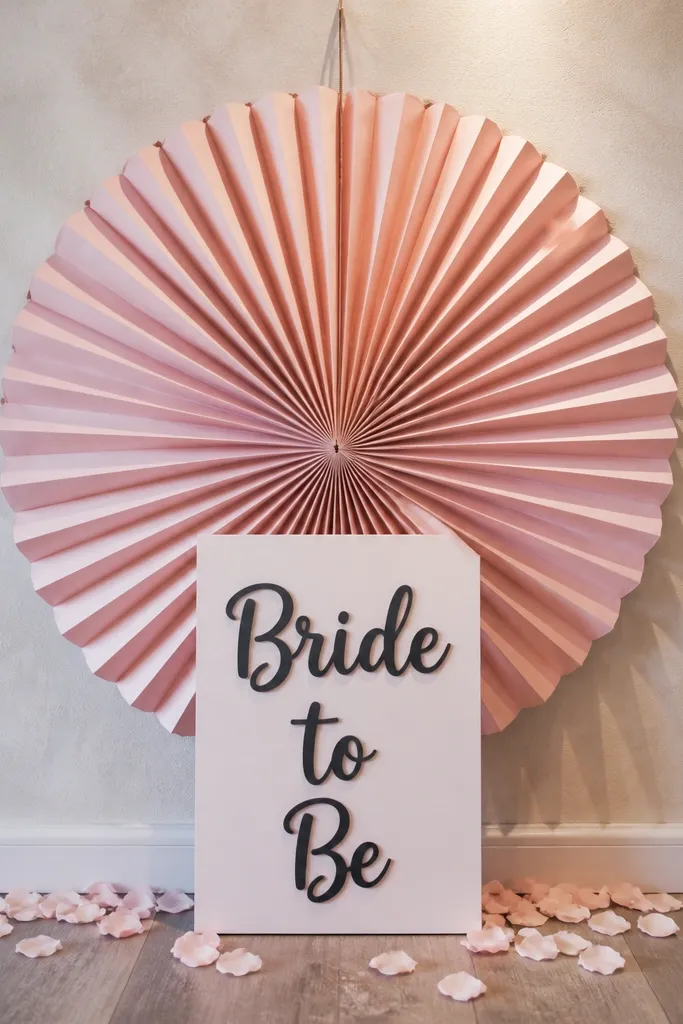 Single blush paper fan backdrop with a small bride-to-be sign underneath
