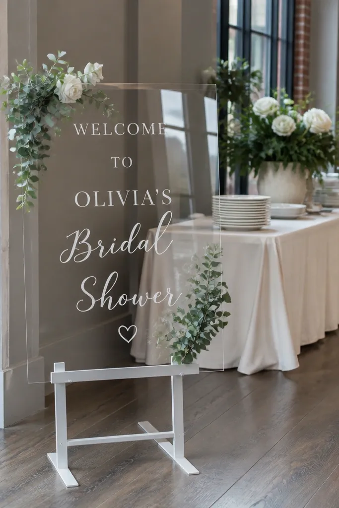 Clear acrylic sign with white vinyl bride-to-be text and blush ribbon stand