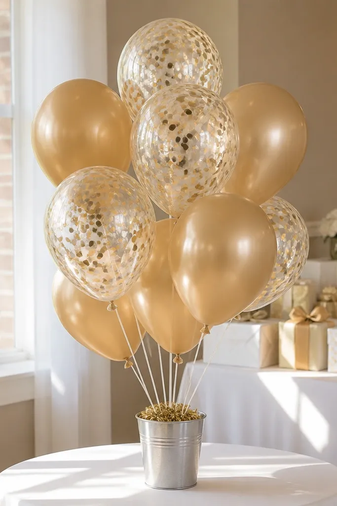 Single cluster of blush balloons with gold confetti on a small round table