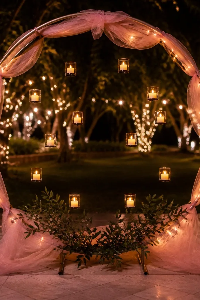 Blush tulle hoop with white LED candles and small greenery near a wall