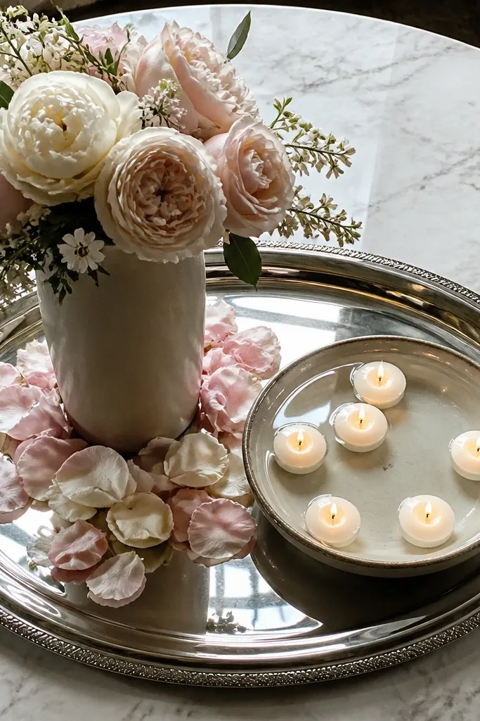 Tall vase on a tray with floating candles and blush petals
