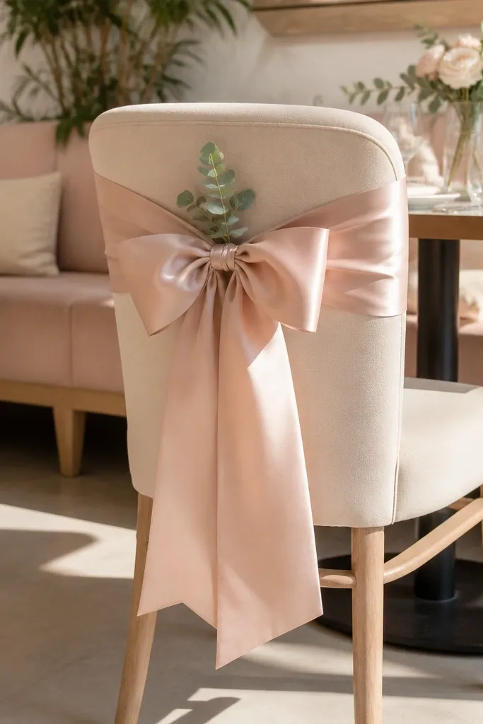 Chair with blush satin sash and a large 3-fold bow behind a table sign