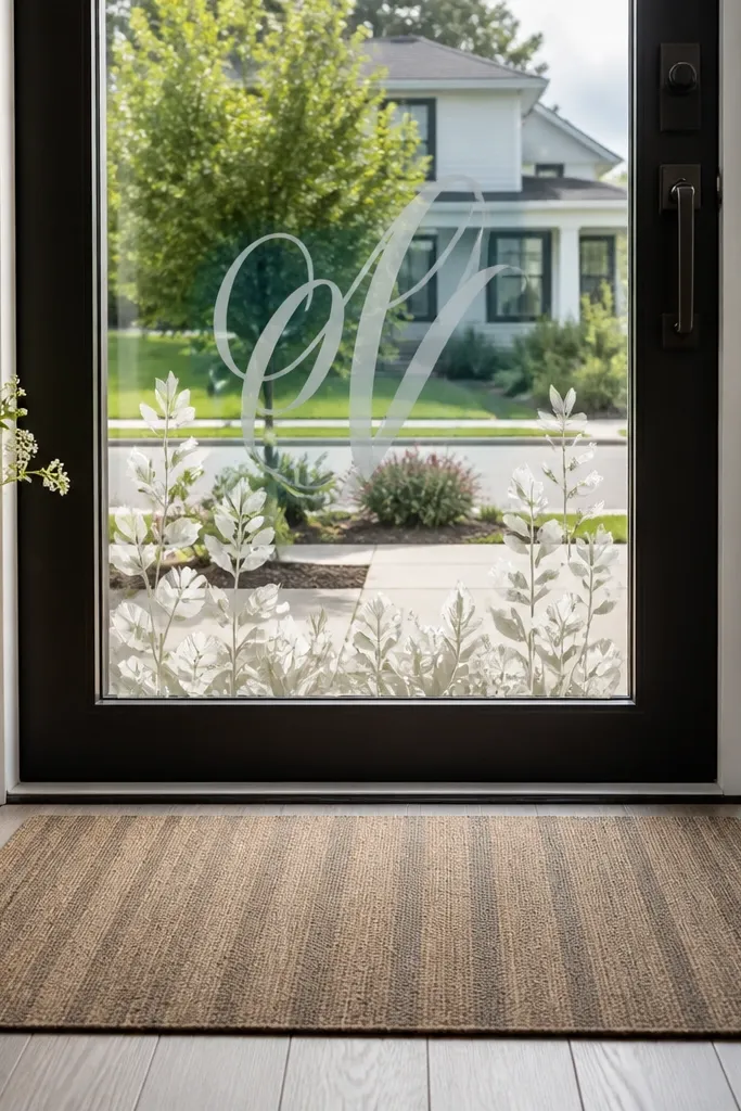 Bride-to-be vinyl decals on a window with faux florals in matching colors