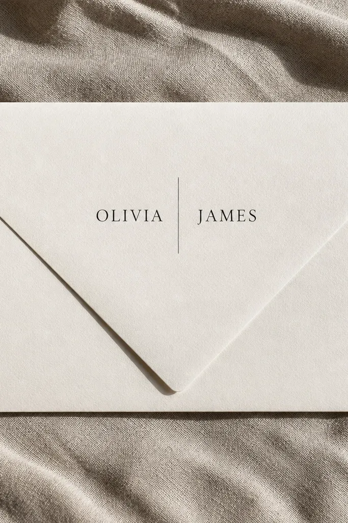 White envelope with centered names in black and a thin vertical line between first and last names