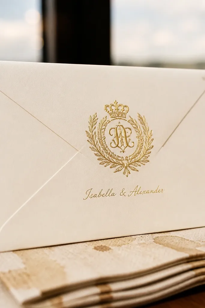 Ivory envelope with a gold monogram crest on the flap and small script for the couple's names