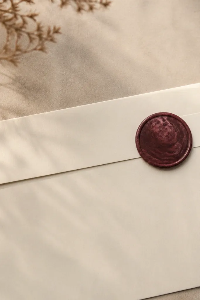 Kraft envelope with a diagonal corner label and a round wax seal sticker near the label