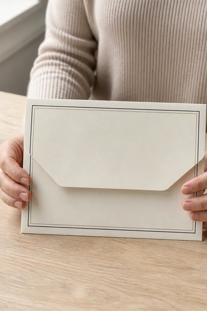 White envelope with a thin double-line border in black and sage green around the front flap