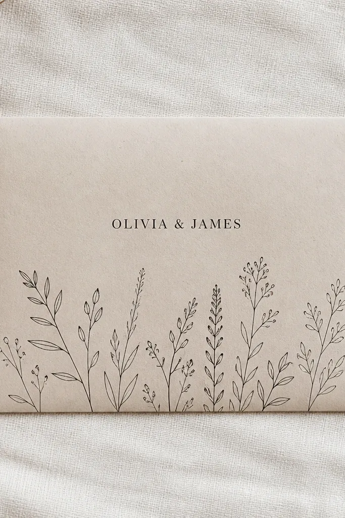 Ivory envelope with minimal black botanical line art along the bottom edge and centered names