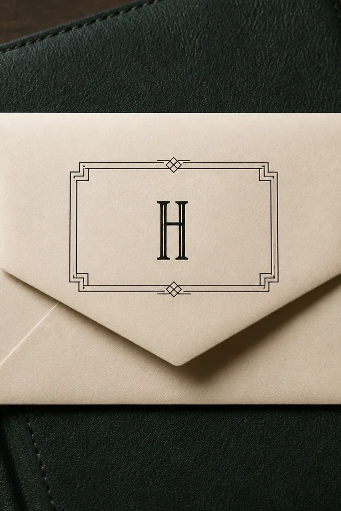 Cream envelope with an art deco rectangular frame in black and one centered initial in gold