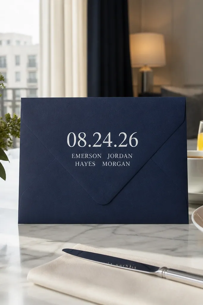 White envelope with a simple grid, big date number in navy, and small couple names beneath