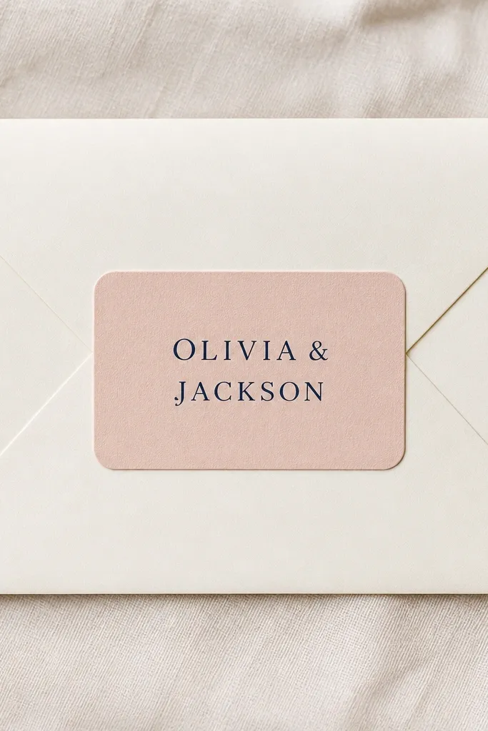 Light gray envelope with a rounded white label centered on the flap and black names printed