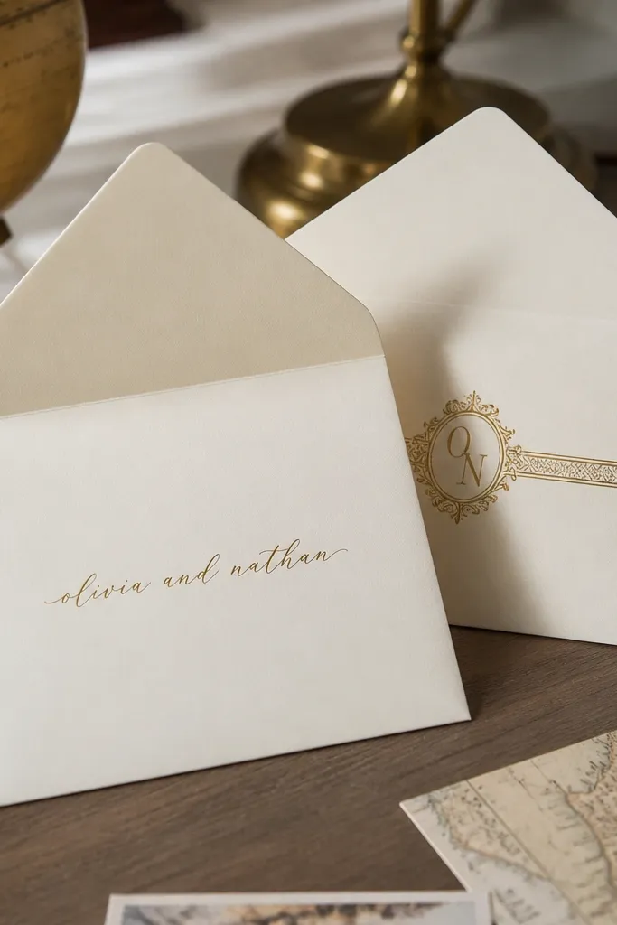 White envelope with a dark green band wrapping around the back flap and a small monogram