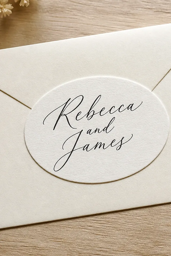 Ivory envelope with an oval label containing names in black and a small date