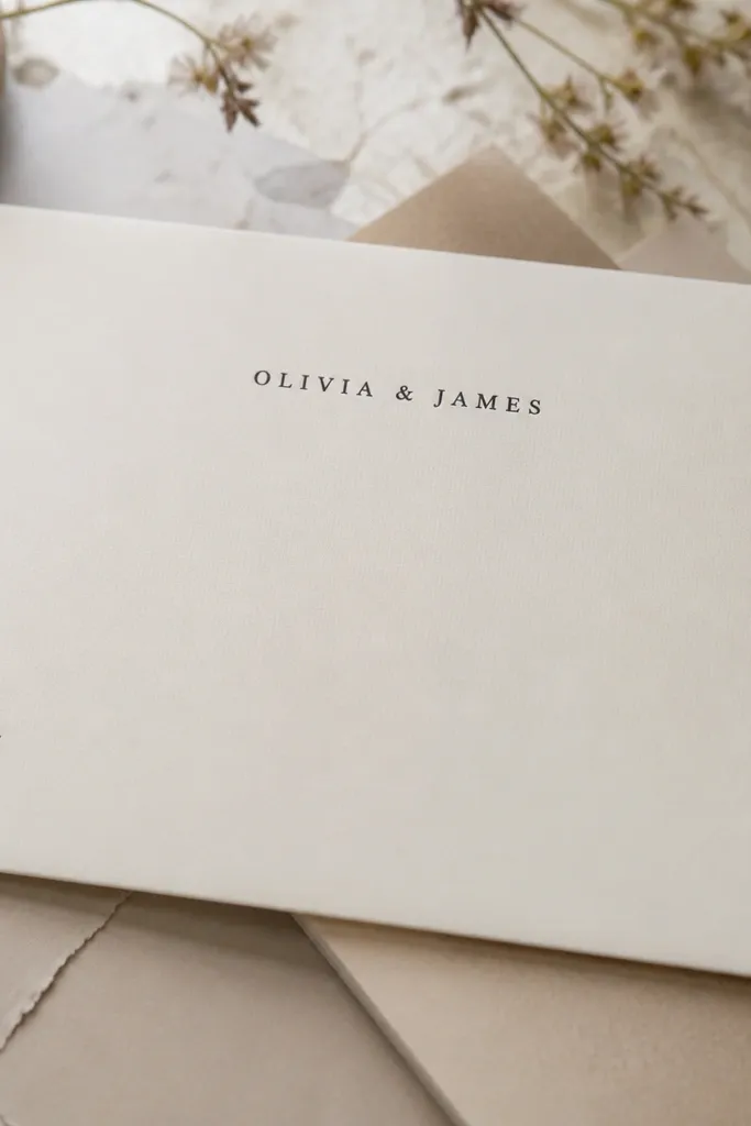 Cream envelope with a small black monogram stamp in the lower left and centered names