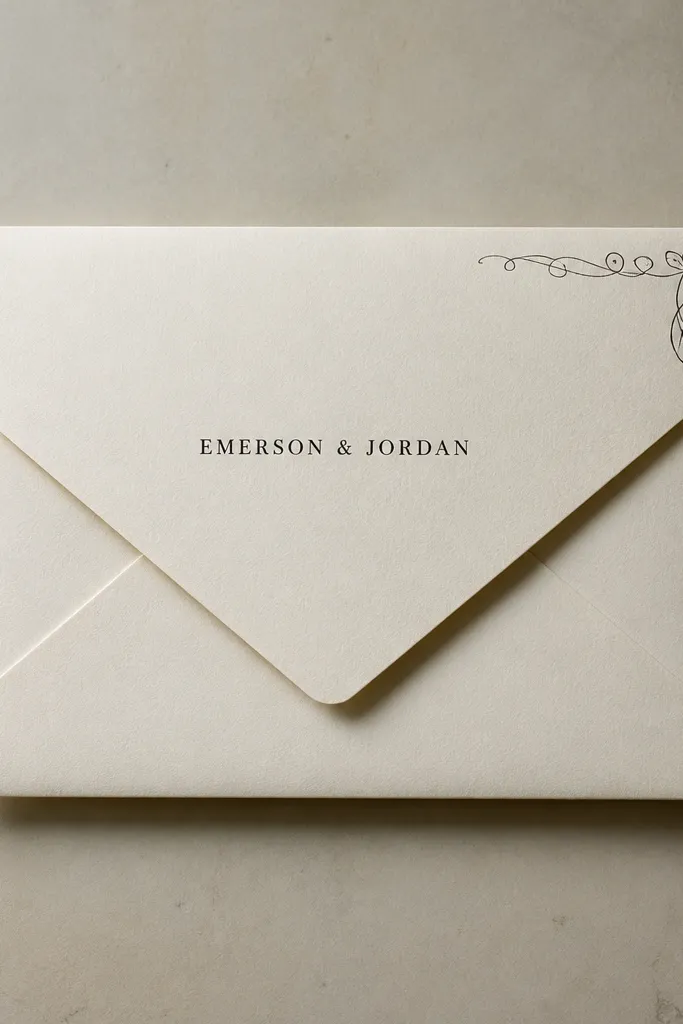 White envelope with a single black corner flourish and centered couple names in small caps