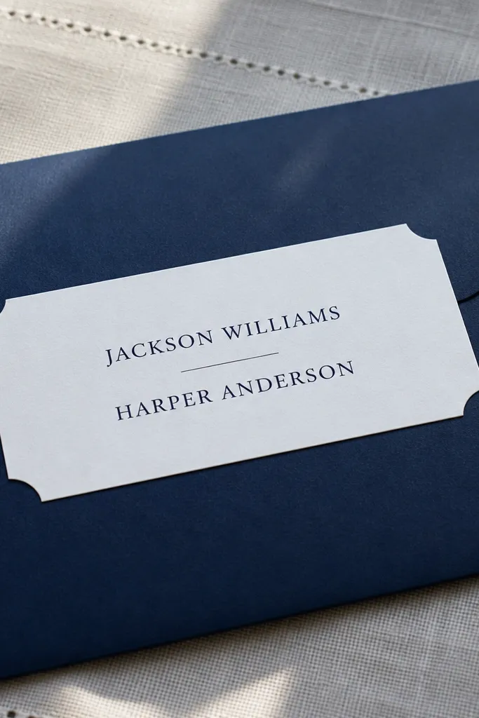 Deep navy envelope with a white label that looks cut out and black or navy names