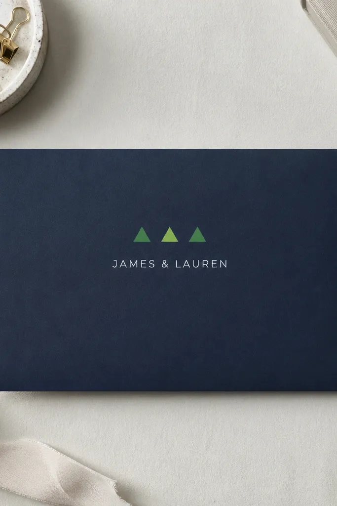 Ivory envelope with three small navy triangles above centered names