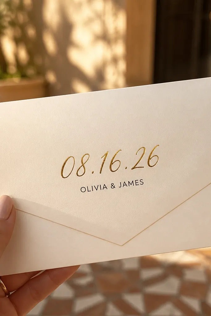 Cream envelope with a foil script date centered on the flap and small black names below