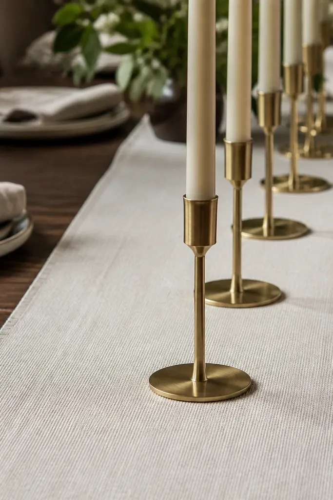 Ivory linen runner with a straight line of brass candle holders
