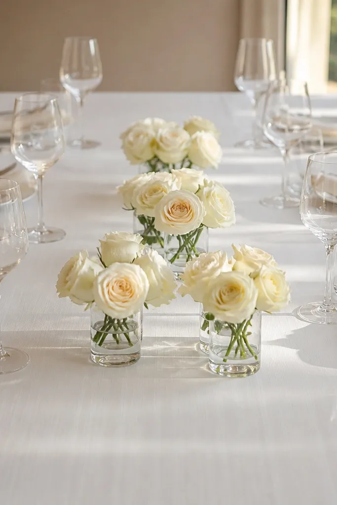 Three clear bud vases with small stems on a white table