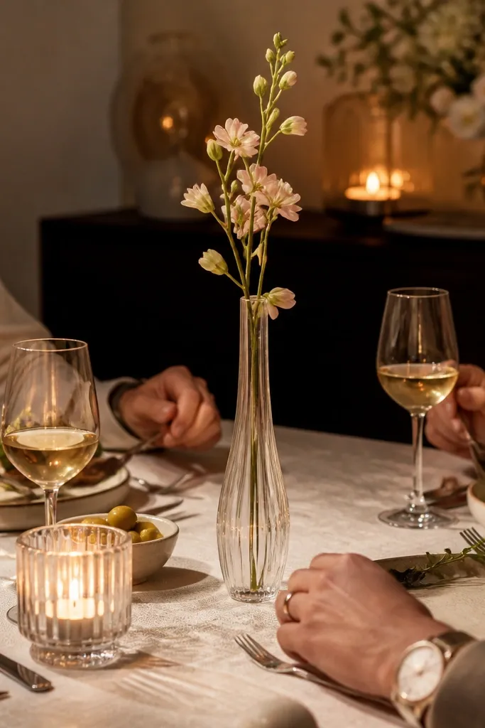 One tall slim vase behind small place settings