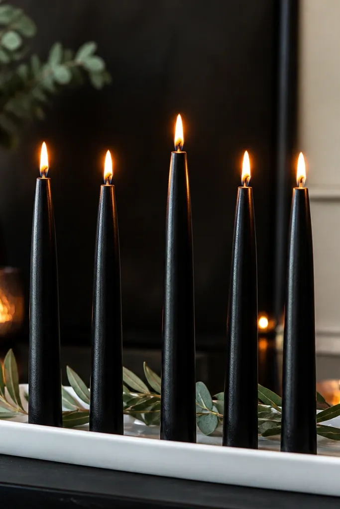 Black taper candles on a white tray with a few greenery sprigs