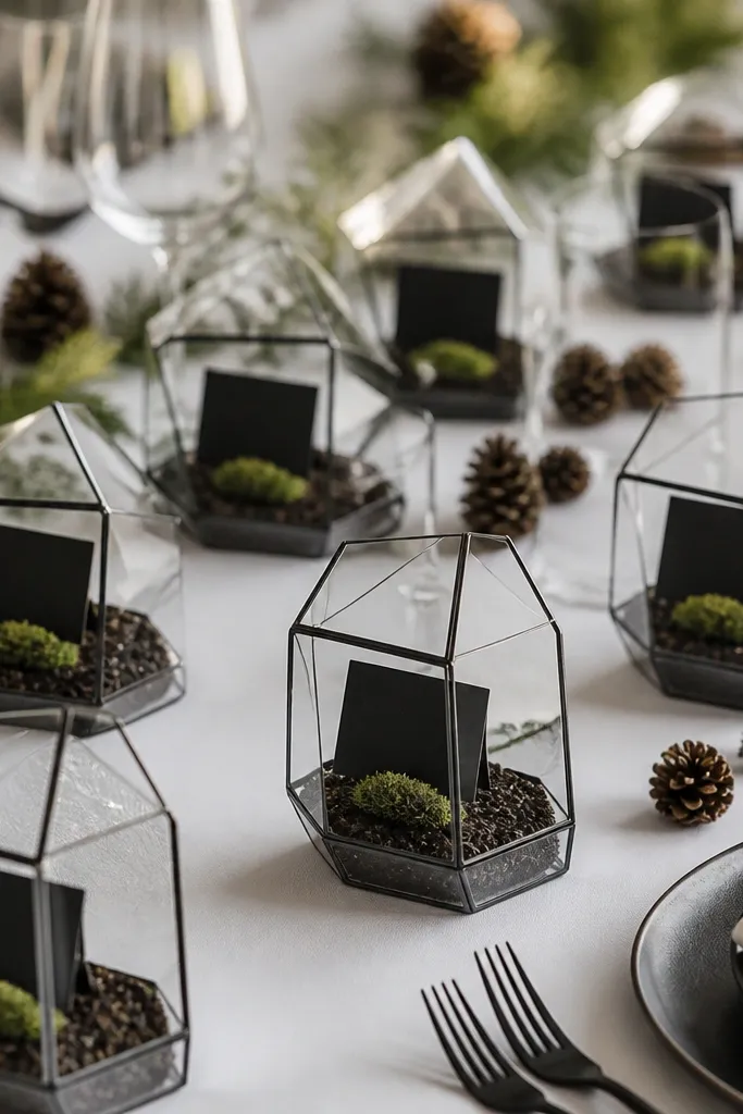 Small glass terrarium place cards with moss accents