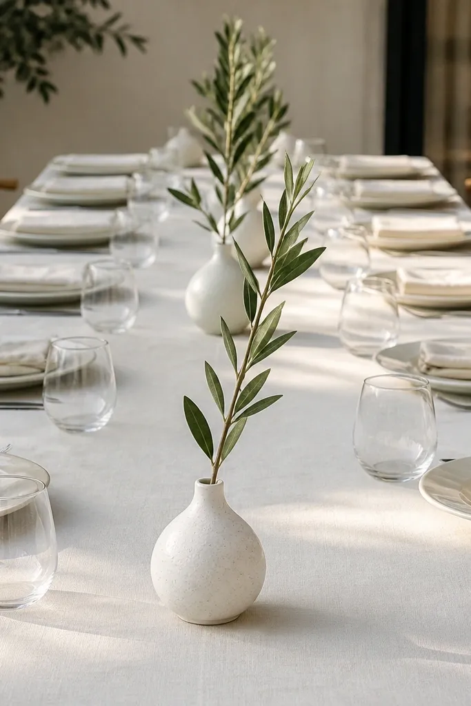 White ceramic bud vases each holding one olive branch