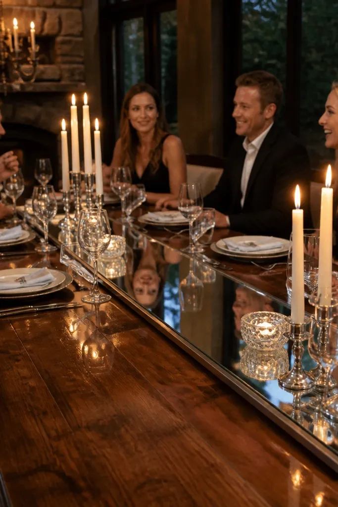 Long mirrored tray with candle clusters at both ends