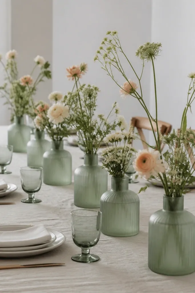 Sage-tinted glass vases with single stems in a straight line