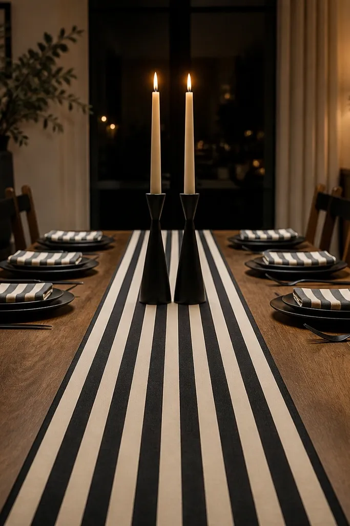 Black and cream striped runner with two matching candles centered