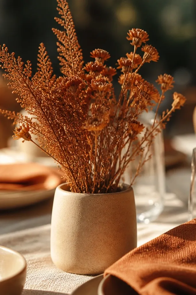 Matte ceramic cups with dried flower bud bunches in one color