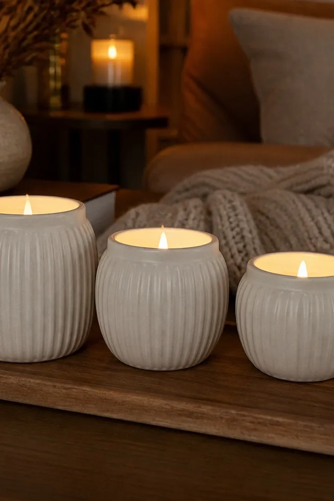 Three candles in matching ceramic holders with matching labels on a dark tray