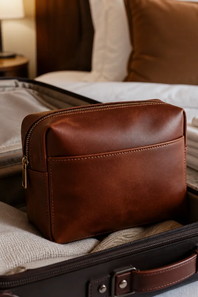 Brown leather toiletry pouch with a monogram sitting on a luggage handle