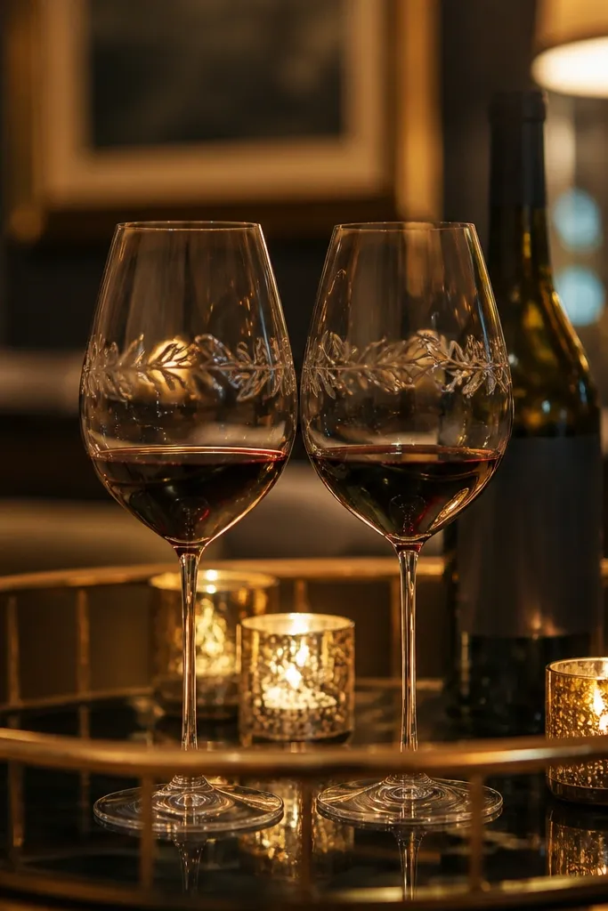 Two matching wine glasses with a subtle etched anniversary date on a wooden table