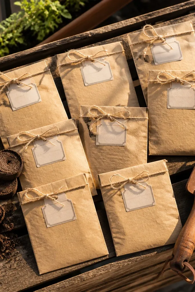 Six seed packets with cream labels tied with twine in a small kraft box