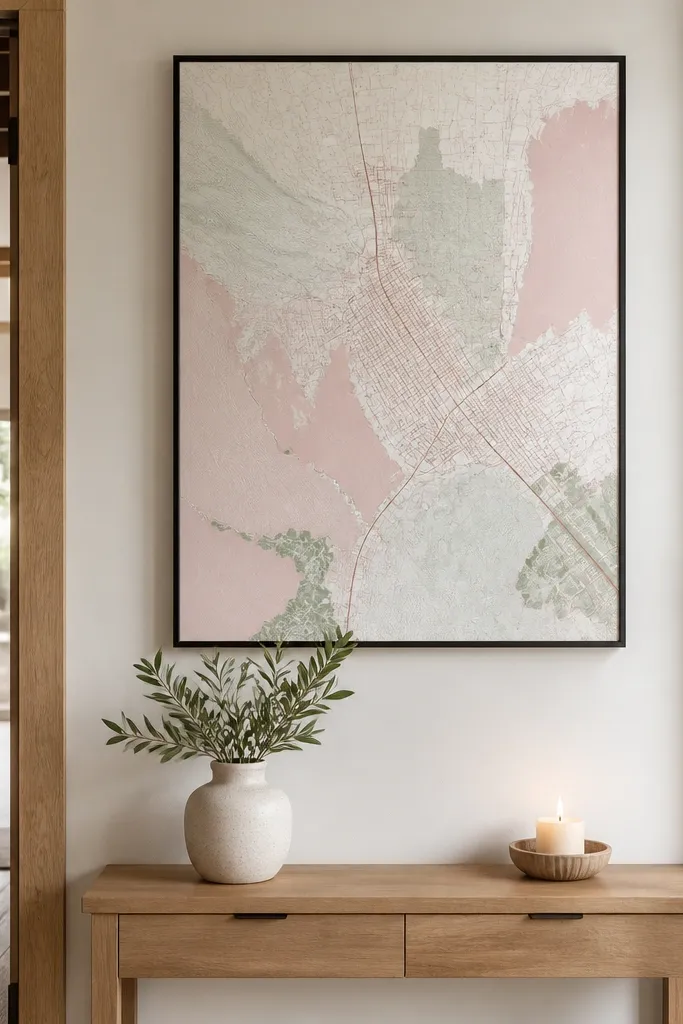 Framed map print with a highlighted route and soft pastel colors on a cream wall