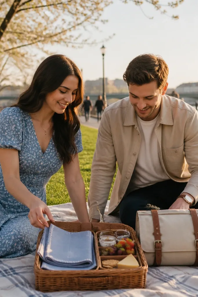 Canvas picnic wrap opened to show checkered plates, napkins, and utensils neatly folded