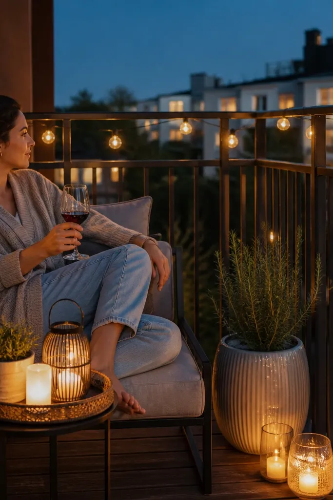 Warm string lights around a balcony railing with two battery candles on a small table