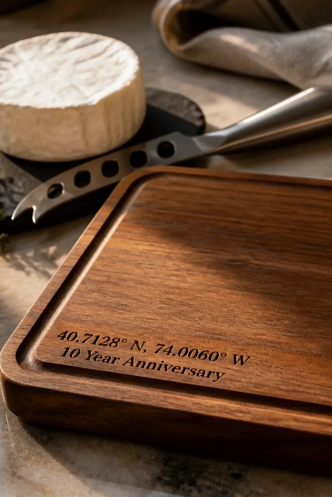 Walnut cutting board with engraved coordinates and a small knife resting beside it
