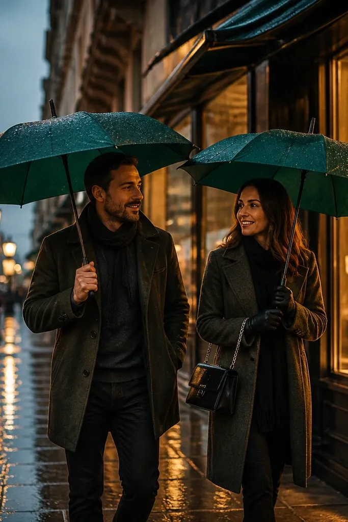 Two matching umbrellas closed and leaning together on a porch in rainy lighting